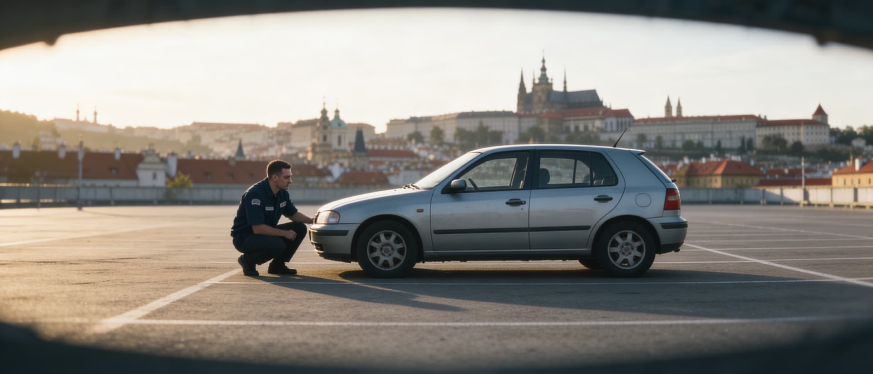 Kryštof prohlíží auto s panoramatem Prahy v pozadí